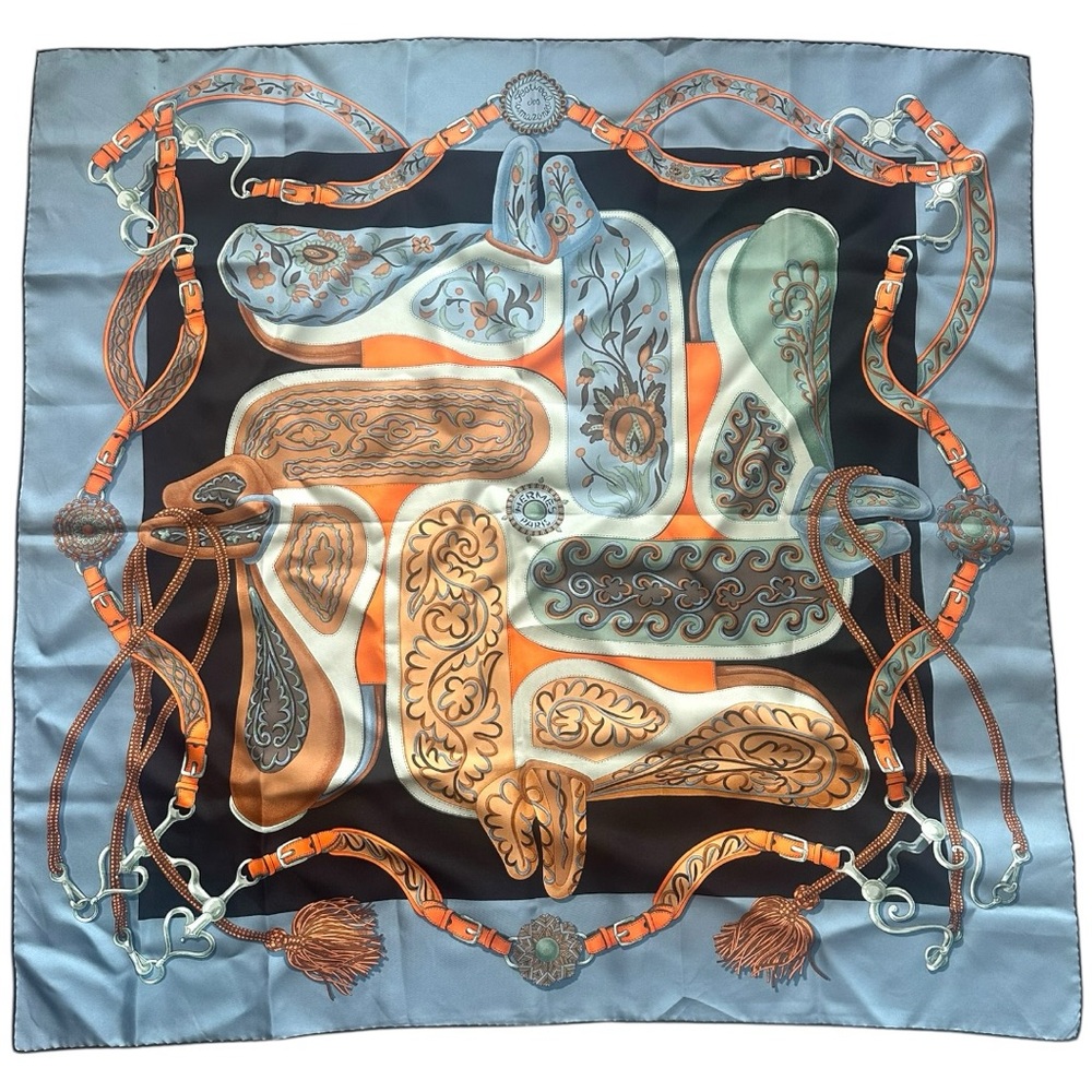 Hermès Festival des Amazones Silk Scarf 90 Blue Orange w/ Box & Knotting Cards - Picture 2 of 16